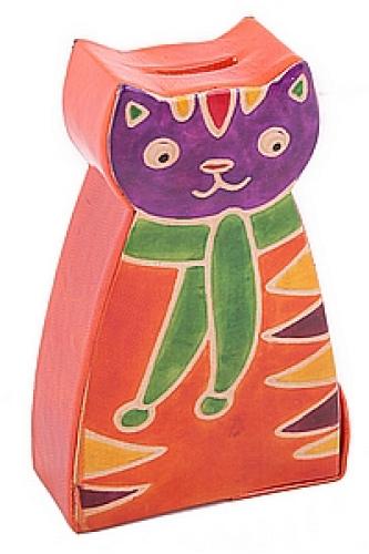 Копилка под мелочь натуральная кожа ручной принт "Кошка" №11