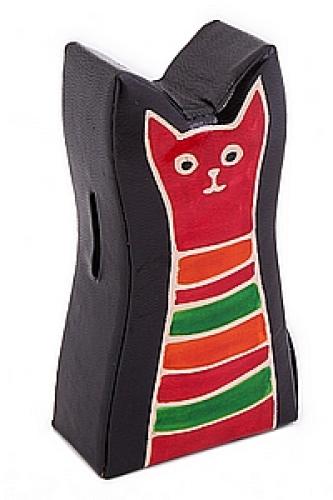 Копилка под мелочь натуральная кожа ручной принт "Кошка" №113