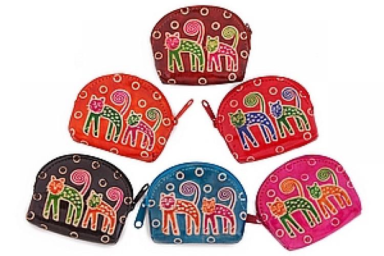 Кошелек под мелочь натруальная кожа  ручной принт "Кошки" уп./6шт №24