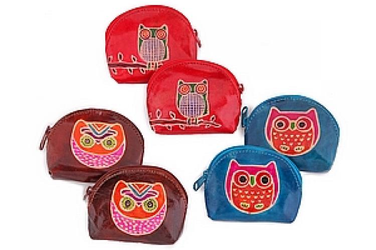 Кошелек под мелочь натруальная кожа  ручной принт "Совы" уп./6шт №172