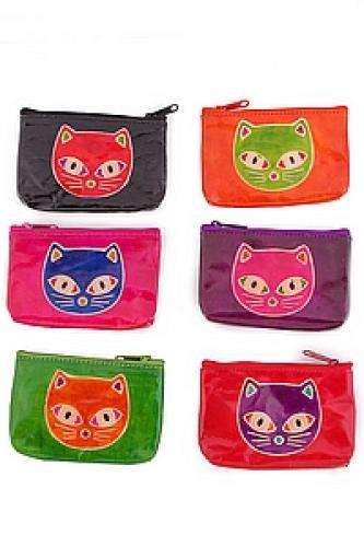 Кошелек под мелочь ручной принт натруальная кожа "Кошки"  уп./6шт №69