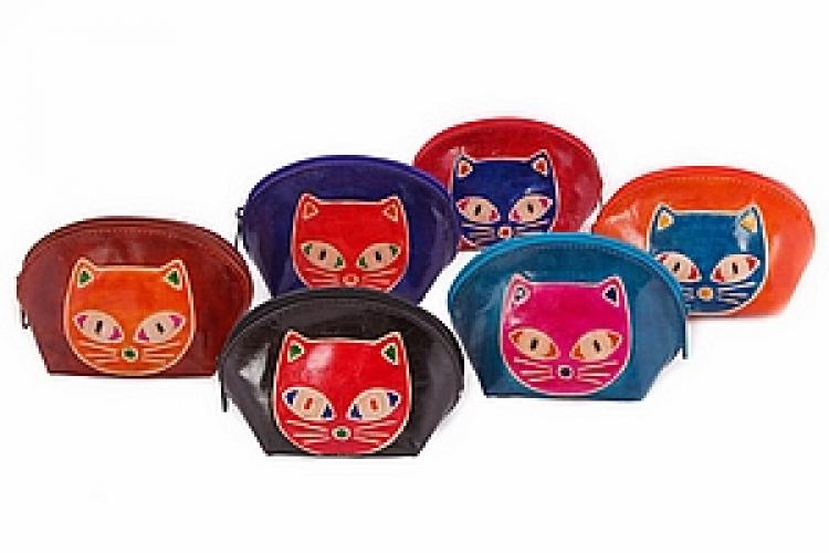 Кошелек под мелочь  ручной принт натуральная кожа "Кошки" уп.6 шт. №139