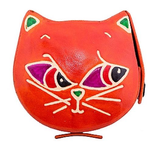 Копилка под мелочь  натуральная кожа  ручной принт "Кошка" №19