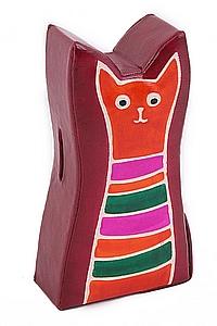 Копилка под мелочь натуральная кожа ручной принт "Кошка" №106